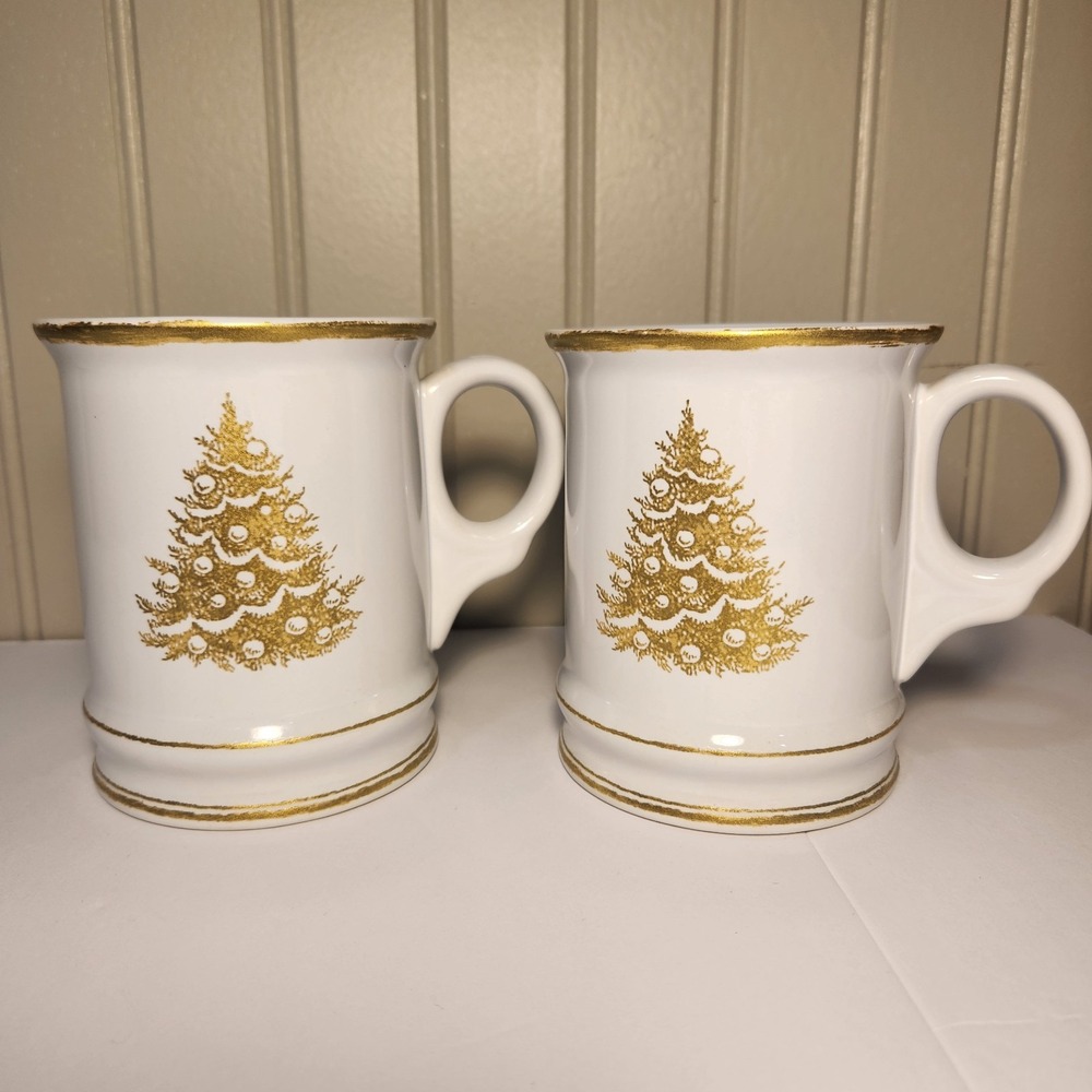 Williams Sonoma 14oz Mugs – White with Gold Trim & Gold Christmas Trees Set of 2